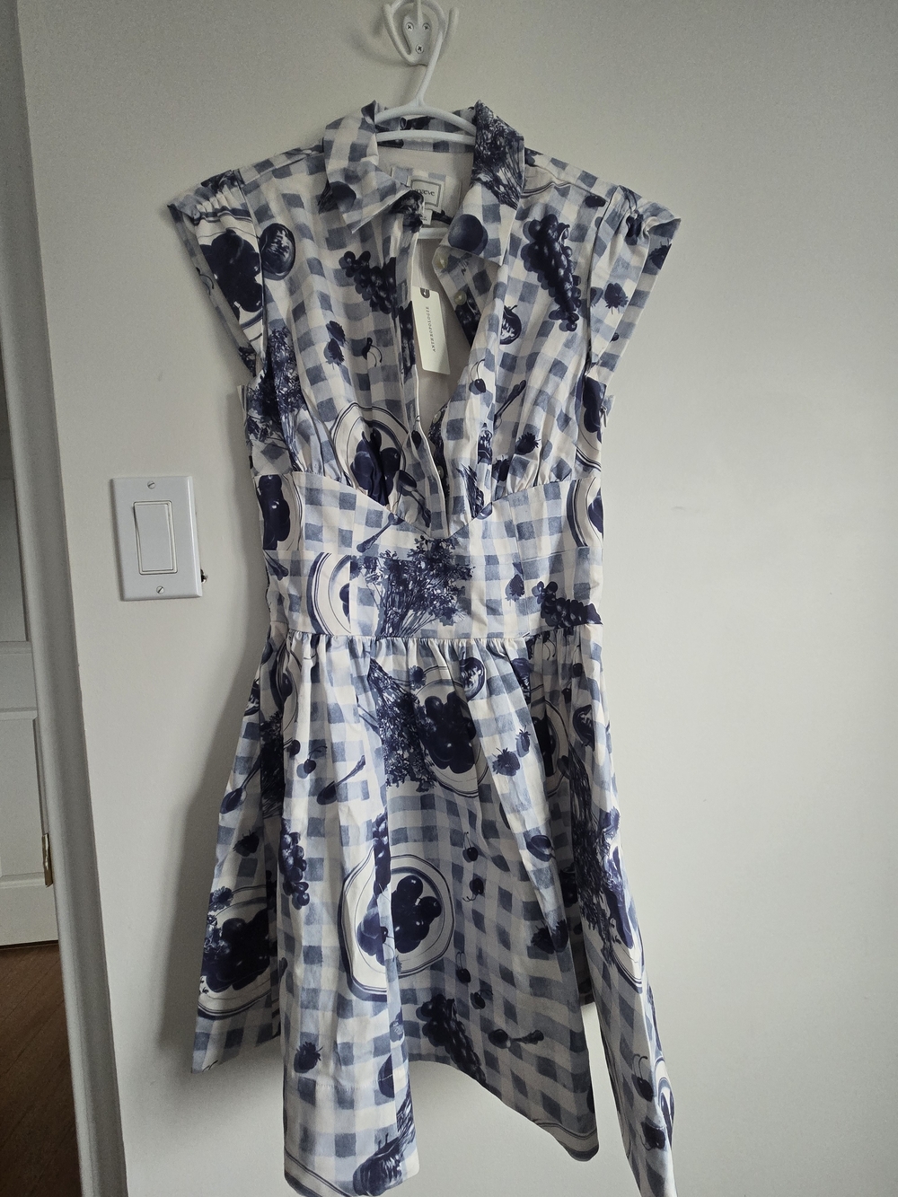 Maeve Blue & White Gingham Fruty Print Mini Dress XS